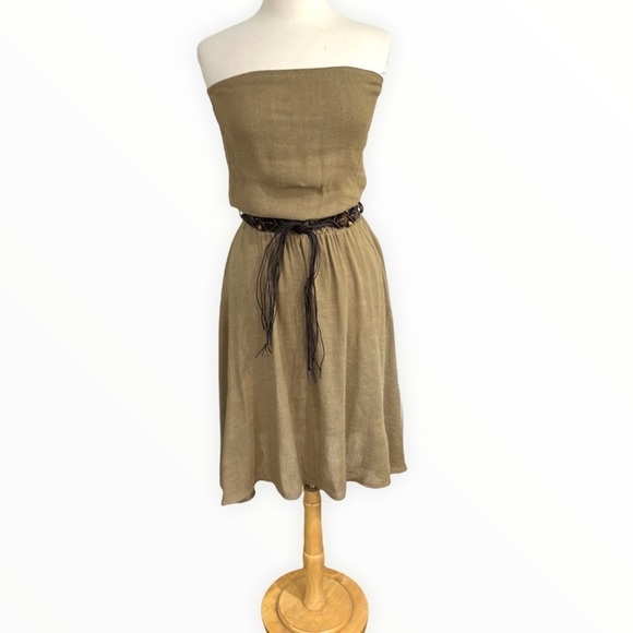 NWT Fashionista Khaki Strapless Flared Dress Linen Blend Macrame Belt - Picture 1 of 5